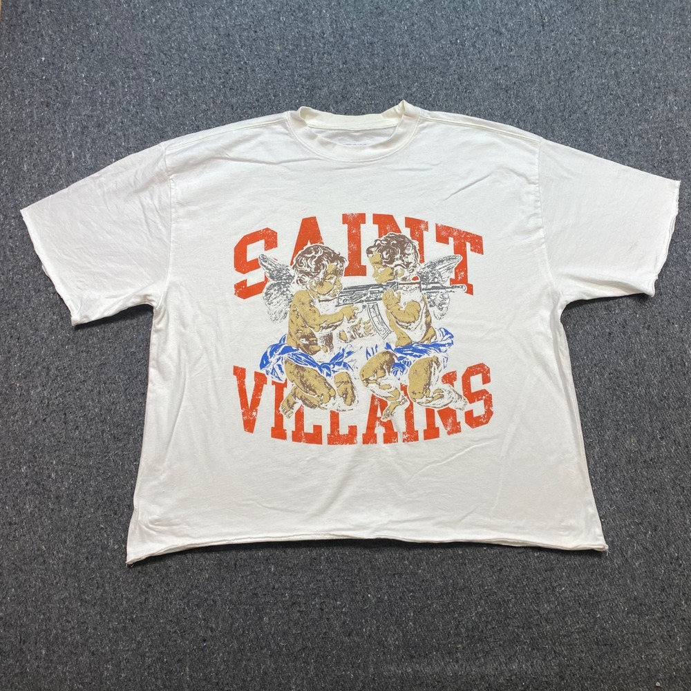Saint Villains Cherub Rifle Graphic Shirt Sz XL Men White Grunge Streetwear Edgy